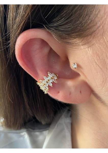 Oval Zirkon Taşlı Çift Taraflı Kadın Earcuff Kıkırdak Küpe modelleri