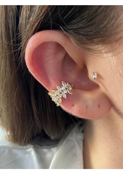 Oval Zirkon Taşlı Çift Taraflı Kadın Earcuff Kıkırdak Küpe fırsatları