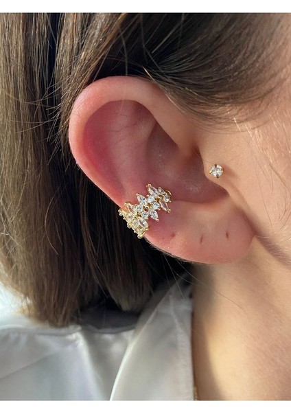 Oval Zirkon Taşlı Çift Taraflı Kadın Earcuff Kıkırdak Küpe indirimleri