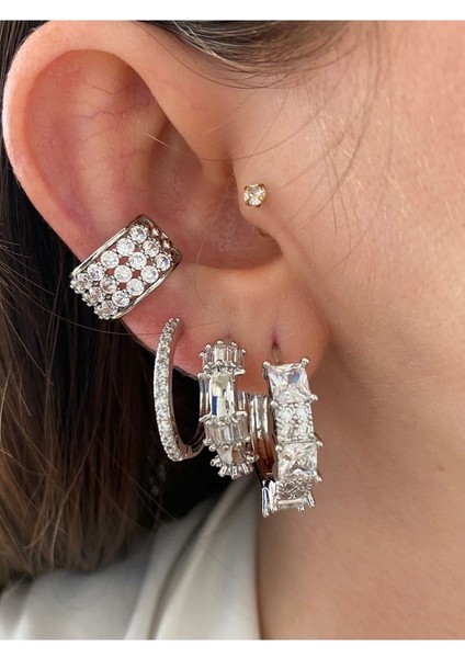 3 Sıra Yarı Zirkon Taşlı Kadın Earcuff Kıkırdak Küpe