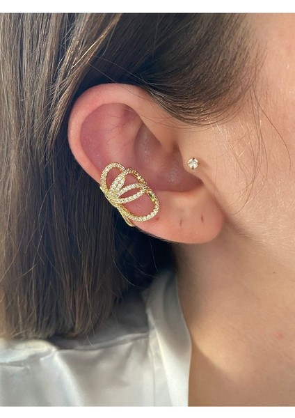 Zirkon Taşlı Kelebek Çift Taraflı Kadın Earcuff Kıkırdak Küpe