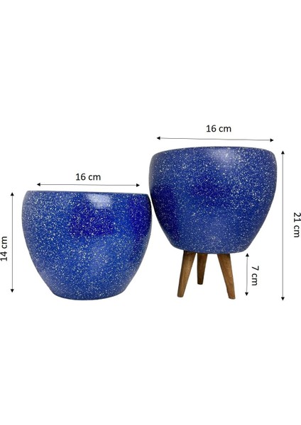 Ev Dekorasyon Lacivert Granit Toprak Saksı Saksılık Salon Çiçeklik İkili Set Ayaksız - 3 Ayaklı- 15 CM