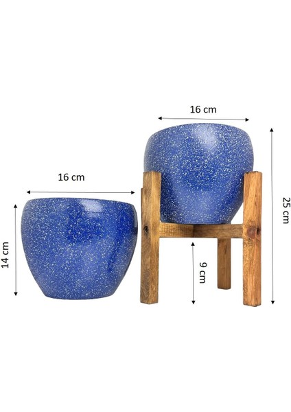 Ev Dekorasyon Lacivert Granit Toprak Saksı Saksılık Salon Çiçeklik İkili Set Ayaksız - 4 Ayaklı- 15 CM