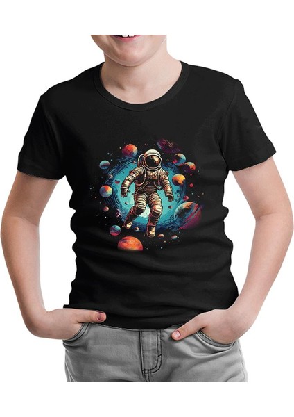 Astronot - Gezegenlere Yolculuk Siyah Çocuk Tshirt
