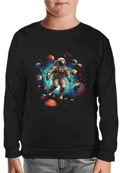 Astronot - Gezegenlere Yolculuk Siyah Çocuk Sweatshirt