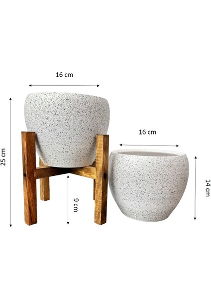 Ev Dekorasyon Beyaz Granit Toprak Saksı Saksılık Salon Çiçeklik İkili Set Ayaksız - 4 Ayaklı- 15 CM