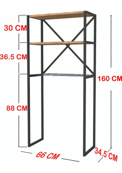 Nur Metal Çamaşır Makinesi Dolabı Metal Banyo Düzenleyici 3 Raflı Banyo Dolabı - Çam