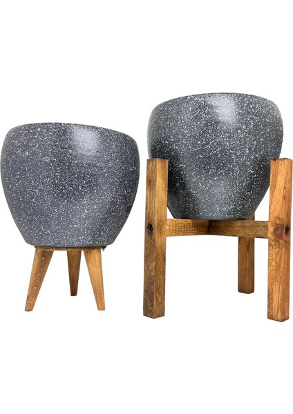 Ev Dekorasyon Gri Granit Toprak Saksı Saksılık Salon Çiçeklik İkili Set 3 Ayaklı- 4 Ayaklı- 15 CM
