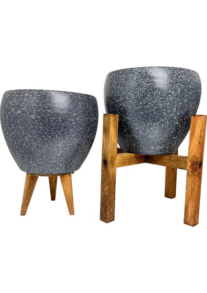 Ev Dekorasyon Gri Granit Toprak Saksı Saksılık Salon Çiçeklik İkili Set 3 Ayaklı- 4 Ayaklı- 15 CM