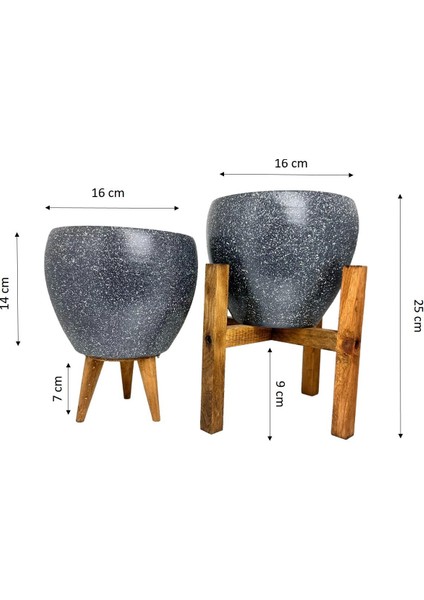 Ev Dekorasyon Gri Granit Toprak Saksı Saksılık Salon Çiçeklik İkili Set 3 Ayaklı- 4 Ayaklı- 15 CM