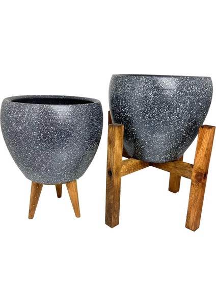 Ev Dekorasyon Gri Granit Toprak Saksı Saksılık Salon Çiçeklik İkili Set 3 Ayaklı- 4 Ayaklı- 15 CM
