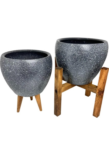 Ev Dekorasyon Gri Granit Toprak Saksı Saksılık Salon Çiçeklik İkili Set 3 Ayaklı- 4 Ayaklı- 15 CM