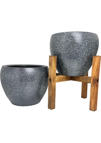 Ev Dekorasyon Gri Granit Toprak Saksı Saksılık Salon Çiçeklik İkili Set Ayaksız - 4 Ayaklı- 15 CM