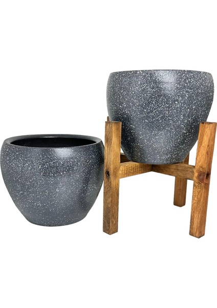 Ev Dekorasyon Gri Granit Toprak Saksı Saksılık Salon Çiçeklik İkili Set Ayaksız - 4 Ayaklı- 15 CM