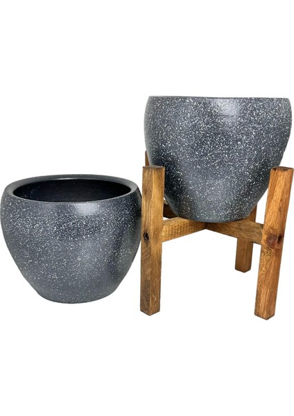 Ev Dekorasyon Gri Granit Toprak Saksı Saksılık Salon Çiçeklik İkili Set Ayaksız - 4 Ayaklı- 15 CM