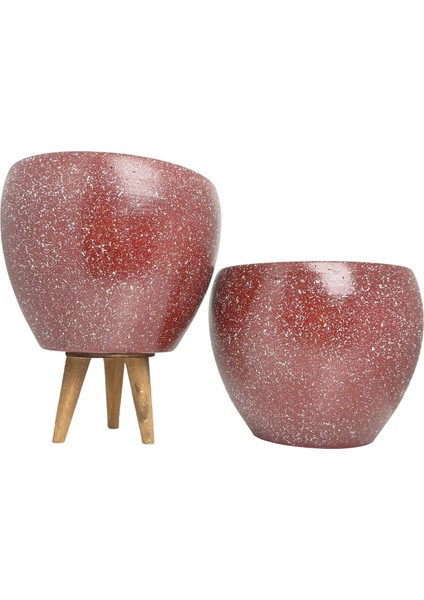 Ev Dekorasyon Bordo Granit Toprak Saksı Saksılık Salon Çiçeklik İkili Set Ayaksız - 3 Ayaklı- 15 CM