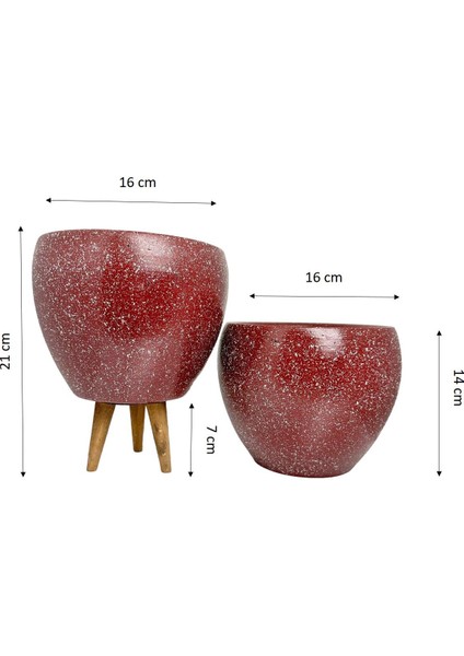 Ev Dekorasyon Bordo Granit Toprak Saksı Saksılık Salon Çiçeklik İkili Set Ayaksız - 3 Ayaklı- 15 CM