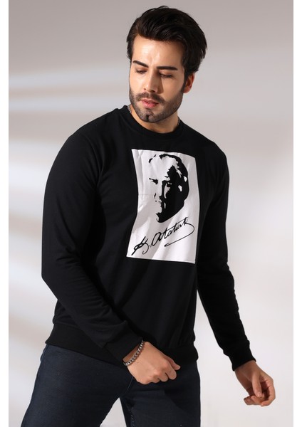 Atatürk Baskılı Bisiklet Yaka Sweatshirt 19157 Siyah fiyatları