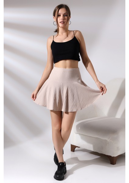 Bürümcük Kumaş Yandan Fermuarlı Şortlu Etek 21135 Taş