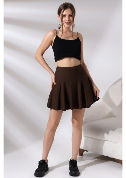 Bürümcük Kumaş Yandan Fermuarlı Şortlu Etek 21135 Kahve