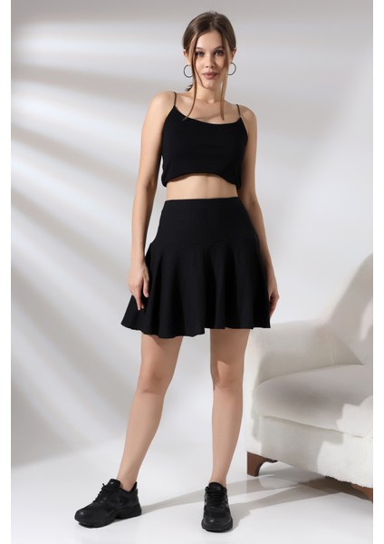 Bürümcük Kumaş Yandan Fermuarlı Şortlu Etek 21135 Siyah
