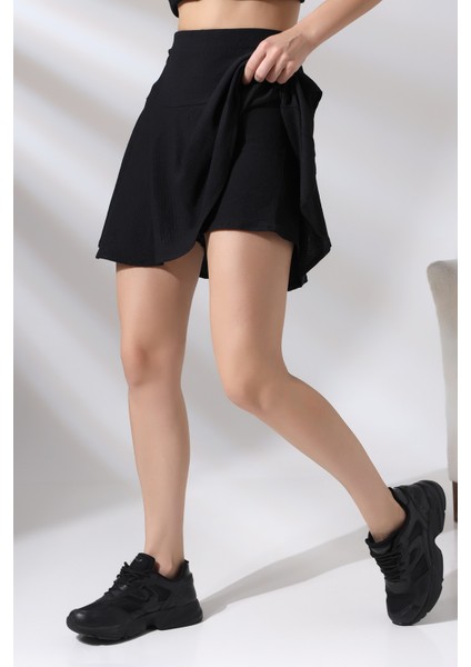 Bürümcük Kumaş Yandan Fermuarlı Şortlu Etek 21135 Siyah modelleri