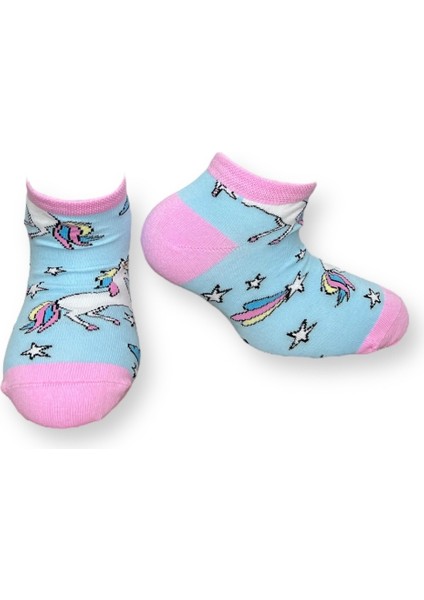 Tekli Bebe Mavisi Renkli Esnek Nem Alabilen Pamuklu Unicorn Desenli 7-10 Yaş Kız Çocuk Patik Çorap