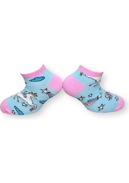 Tekli Bebe Mavisi Renkli Esnek Nem Alabilen Pamuklu Unicorn Desenli 7-10 Yaş Kız Çocuk Patik Çorap