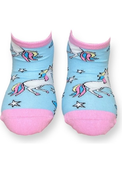 Tekli Bebe Mavisi Renkli Esnek Nem Alabilen Pamuklu Unicorn Desenli 7-10 Yaş Kız Çocuk Patik Çorap