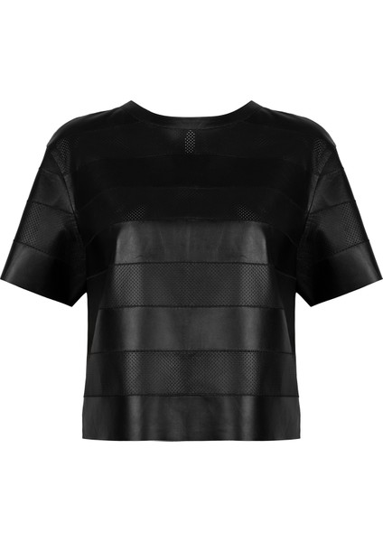 Linea Siyah Kadın Perforeli Süet Deri Crop Bluz