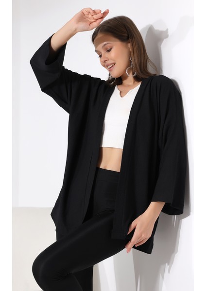 Bürümcük Kumaş Kimono Hırka 21062 Siyah