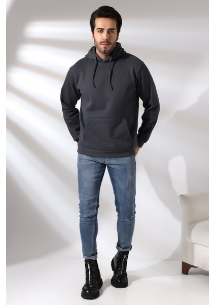 Şardonlu Kapüşonlu Sweatshirt 19125 Antrasitmelanj