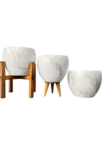 Ev Dekorasyon Beyaz Üzeri Gold Mermer Efektli Toprak Saksı Saksılık Salon Çiçeklik Üçlü Set - 15 Cm