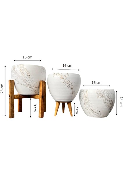 Ev Dekorasyon Beyaz Üzeri Gold Mermer Efektli Toprak Saksı Saksılık Salon Çiçeklik Üçlü Set - 15 Cm fiyatları