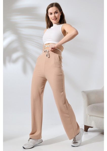 Bürümcük Fitilli Kumaş Paçası Geniş Pantolon 21656 Taş