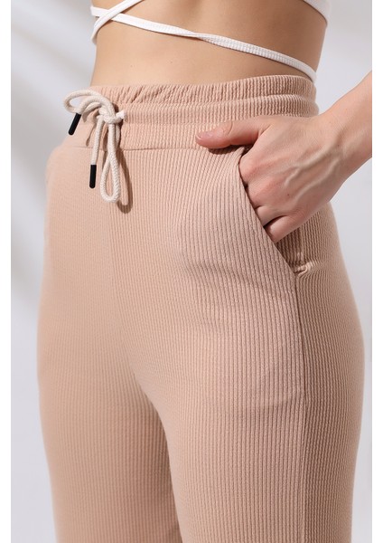 Bürümcük Fitilli Kumaş Paçası Geniş Pantolon 21656 Taş modelleri
