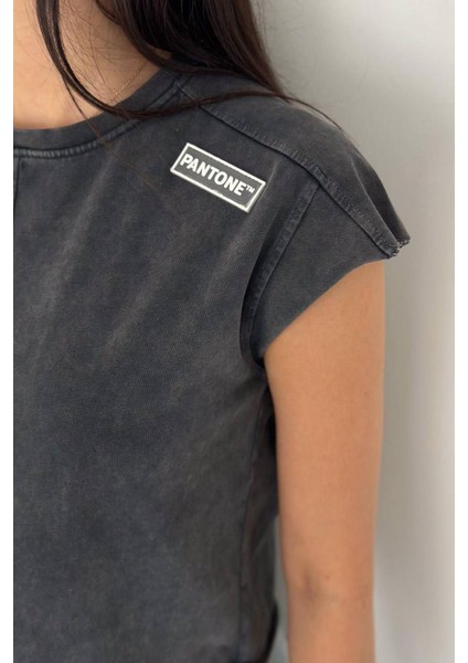 Kadın Antrasit Bisiklet Yaka Pantone Armalı Yıkama Crop Tişört