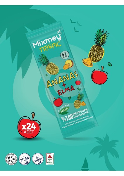 Ananas Meyve Bar 24 Adet | Vegan, Doğal Ve Glutensiz Sağlıklı Atıştırmalık - 20gr X 24 Adet