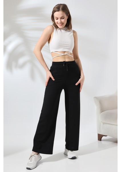Bürümcük Fitilli Kumaş Paçası Geniş Pantolon 21656 Siyah