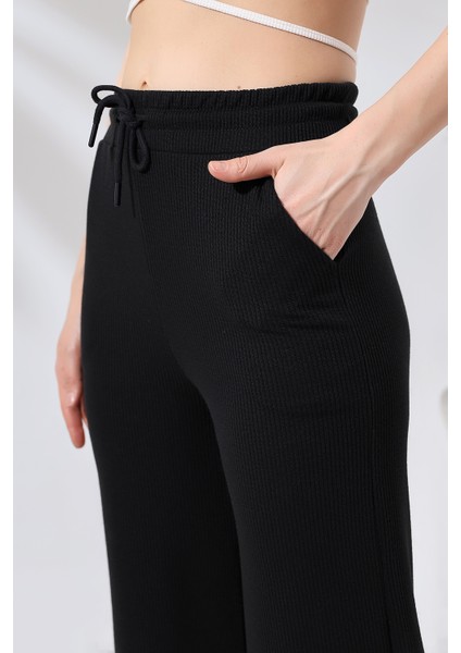 Bürümcük Fitilli Kumaş Paçası Geniş Pantolon 21656 Siyah modelleri