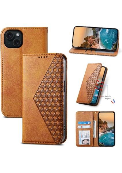 IPhone 15 Için Flip Case Artı El Kayışı Eşkenar Dörtgen Şekli Standı Cüzdan Günlük (Yurt Dışından)