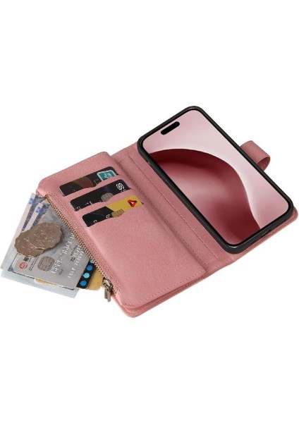 Cüzdan Telefon Kılıfı Için IPhone 16 Pro Pu Deri Manyetik Kapatma Fermuar (Yurt Dışından)