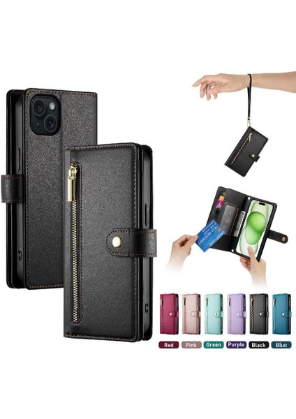 IPhone 15 Için Flip Case Artı Kickstand Cüzdan Bölmesi Bilek Kayışı Kart (Yurt Dışından)