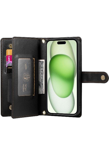 IPhone 15 Için Flip Case Artı Kickstand Cüzdan Bölmesi Bilek Kayışı Kart (Yurt Dışından)