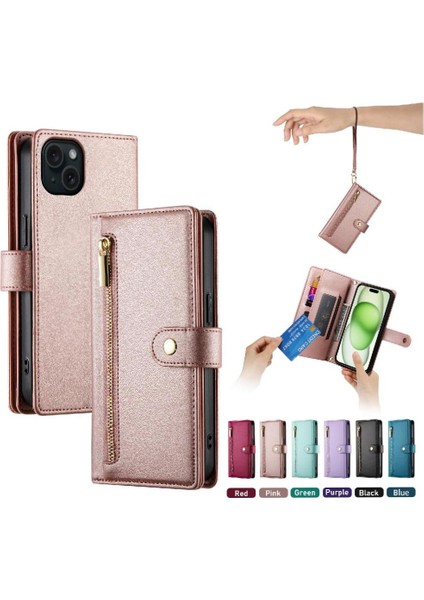 IPhone 15 Için Flip Case Artı Kickstand Cüzdan Bölmesi Bilek Kayışı Kart (Yurt Dışından)