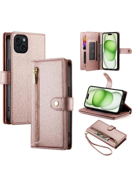 IPhone 15 Için Flip Case Artı Kickstand Cüzdan Bölmesi Bilek Kayışı Kart (Yurt Dışından)
