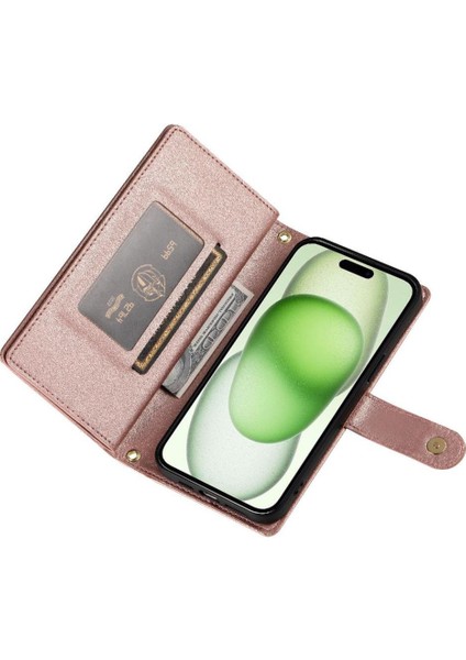 IPhone 15 Için Flip Case Artı Kickstand Cüzdan Bölmesi Bilek Kayışı Kart (Yurt Dışından)