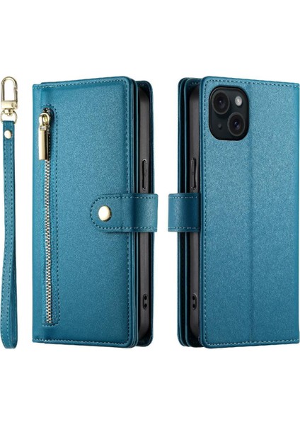 IPhone 15 Için Flip Case Artı Kickstand Cüzdan Bölmesi Bilek Kayışı Kart (Yurt Dışından)
