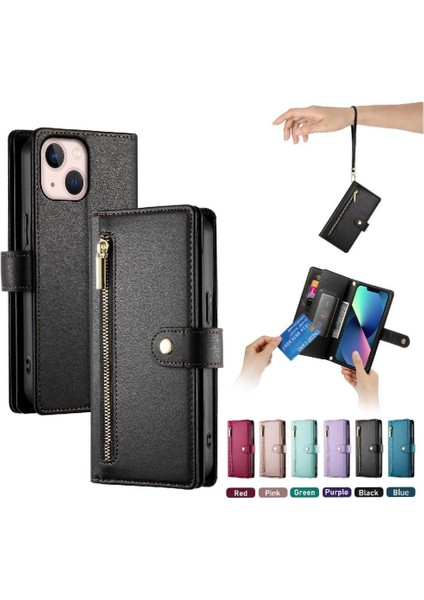 IPhone 13 Mini Çok Fonksiyonlu Kart Yuvaları Bilek Kayışı Cüzdan Için Flip Case (Yurt Dışından)