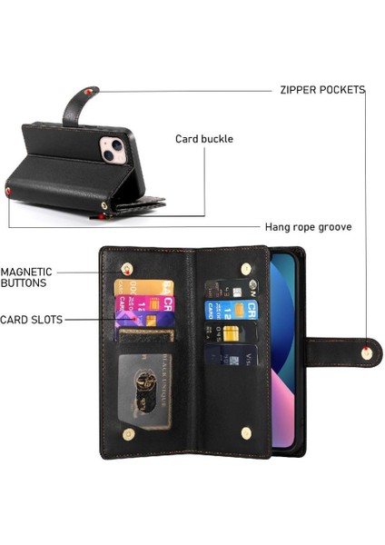 IPhone 13 Mini Çok Fonksiyonlu Kart Yuvaları Bilek Kayışı Cüzdan Için Flip Case (Yurt Dışından)